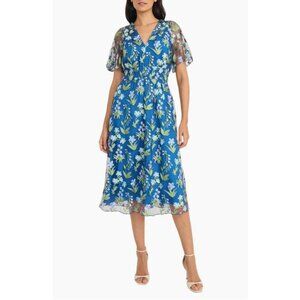Maggy London Size 4 Blue Floral Embroidered Flutter Sleeve A-Line Midi Dress NWT